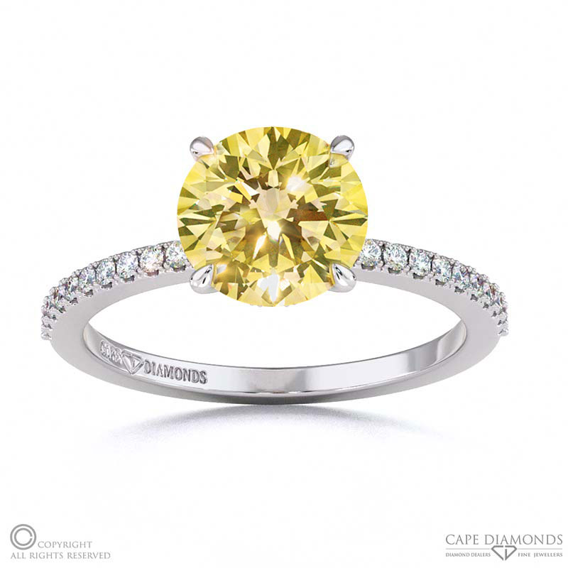 Yellow Natural Diamond Hidden Halo Round Side Stone Engagement Ring White Gold