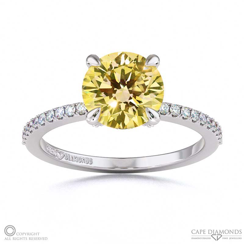 Yellow Natural Diamond Hidden Halo Round Cut Claw Set Side Stone Engagement Ring White Gold