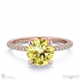 yellow lab grown diamond hidden halo claw set round side stone engagement ring rose gold with 9k rose gold metal and round shape diamond
