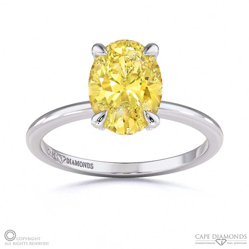 Yellow Natural Diamond Hidden Halo Oval Claw Set Diamonds Solitaire Engagement Ring White Gold