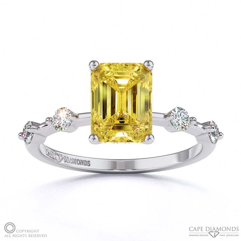 Yellow Natural Diamond Bubble Drop Side Stone Hidden Halo Emerald Cut Engagement Ring White Gold