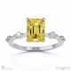 yellow lab grown diamond bubble drop side stone hidden halo emerald cut engagement ring white gold with 18k white gold metal and emerald shape diamond