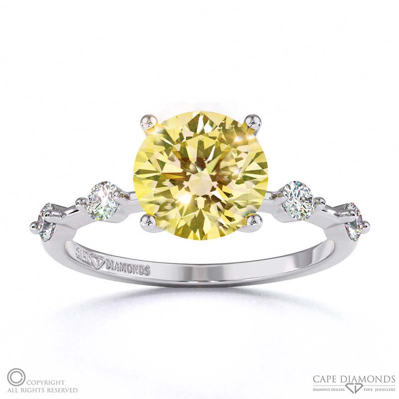 Yellow Natural Diamond Bubble Drop Side Stone Hidden Halo Round Cut Engagement Ring White Gold