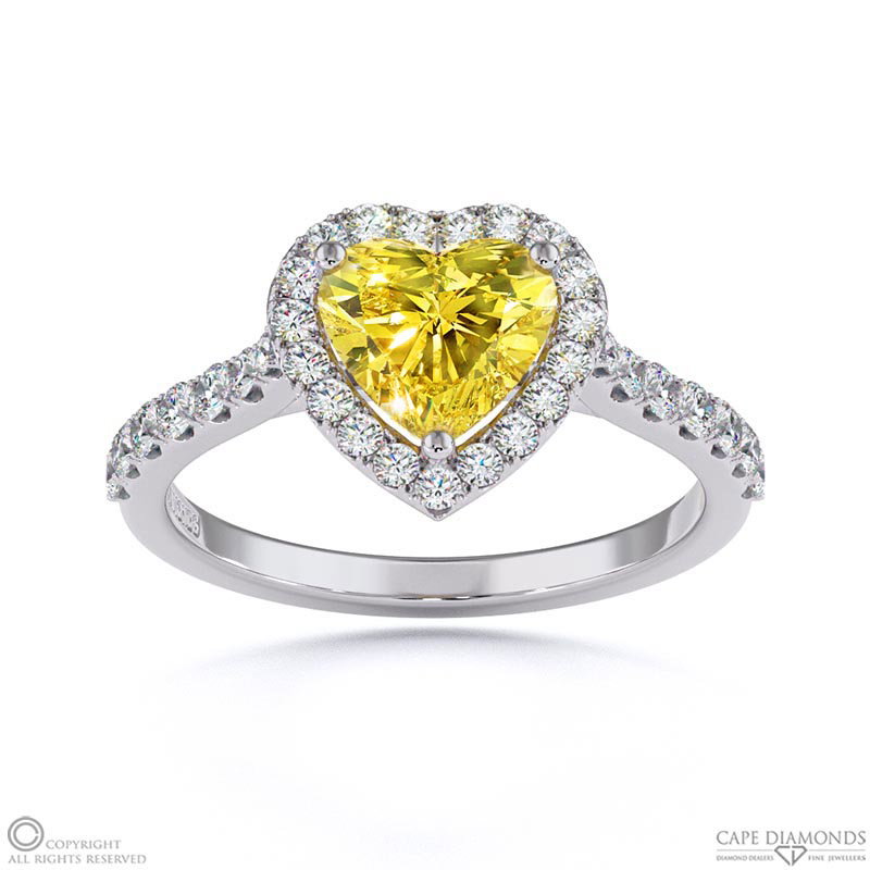 Yellow Natural Diamond Halo Heart Shaped Side Stone Engaement Ring White Gold