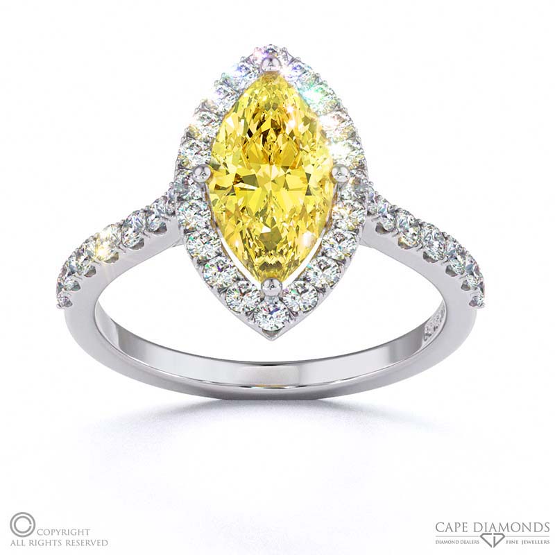 Yellow Natural Diamond Halo Marquise Shaped Side Stone Engaement Ring White Gold