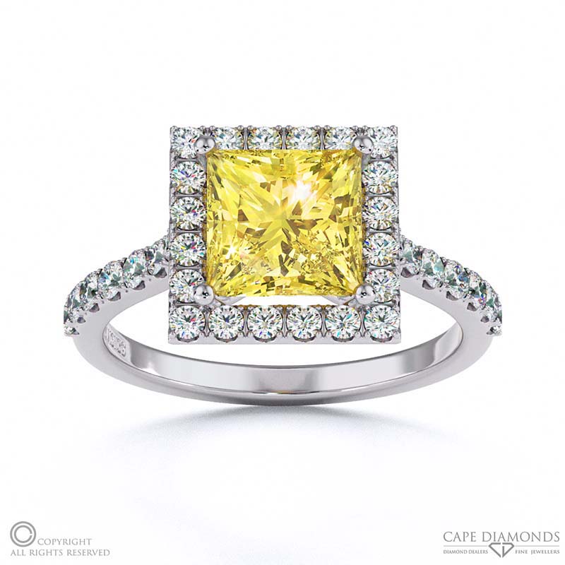 Yellow Natural Diamond Halo Princess Shaped Side Stone Engaement Ring White Gold