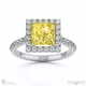 yellow lab grown diamond halo princess shaped side stone engaement ring white gold with 18k white gold metal and princess shape diamond