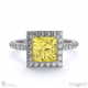 yellow lab grown diamond halo princess shaped side stone engaement ring white gold with 18k white gold metal and princess shape diamond