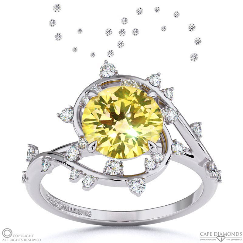 Milky Way Star Yellow Natural Diamond Round Engagement Ring White Gold