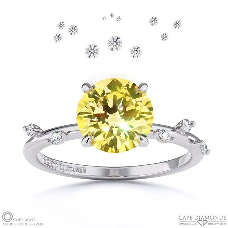 Starlit Yellow Natural Diamond Hidden Halo Round Side Stone Engagement Ring White Gold
