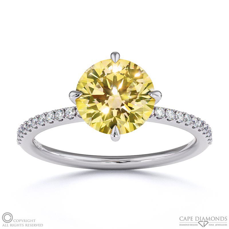 Yellow Natural Diamond Round Cut East To West Setting Pave Engagement Ring White Gold