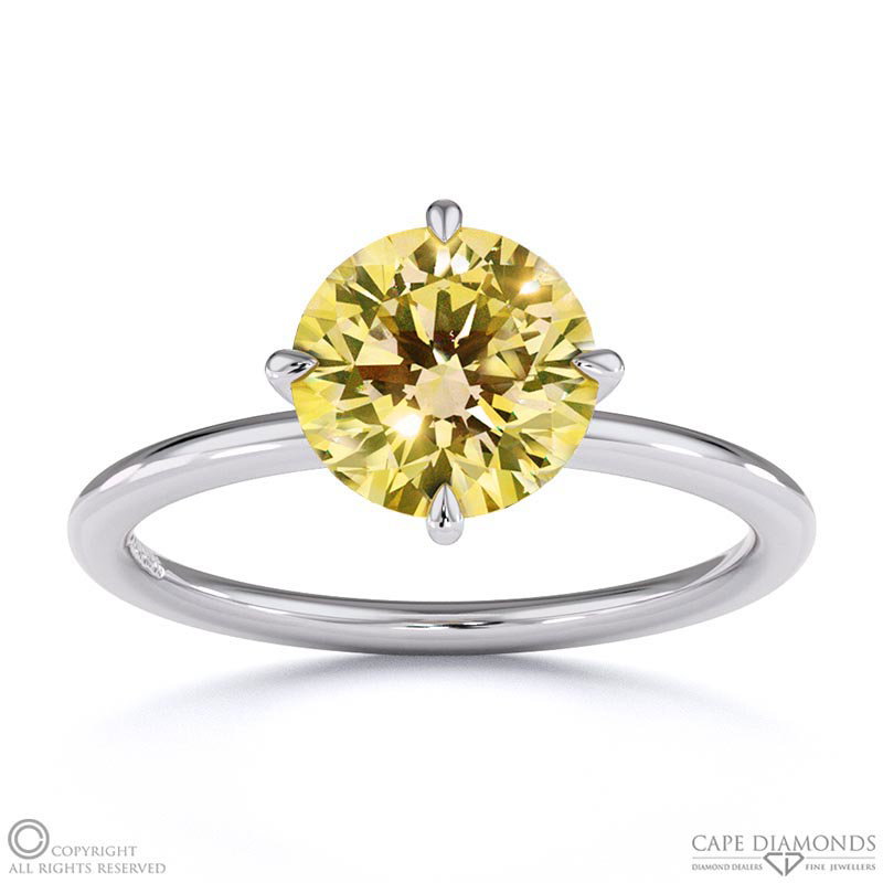 Yellow Natural Diamond Round Cut East To West Setting Solitaire Engagement Ring White Gold