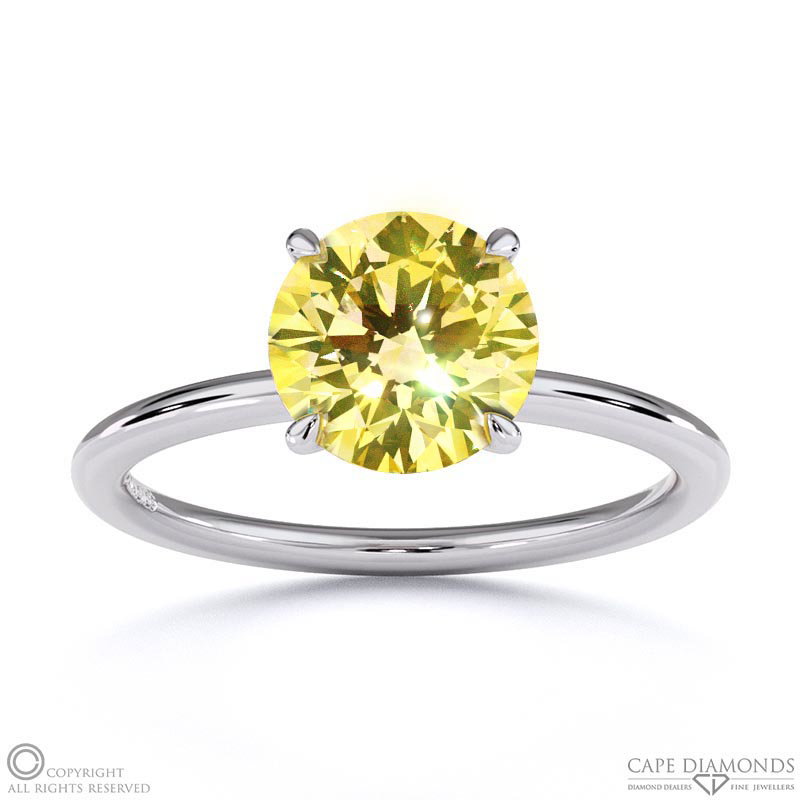 Yellow Natural Diamond Round Hidden Halo Engagement Ring White Gold