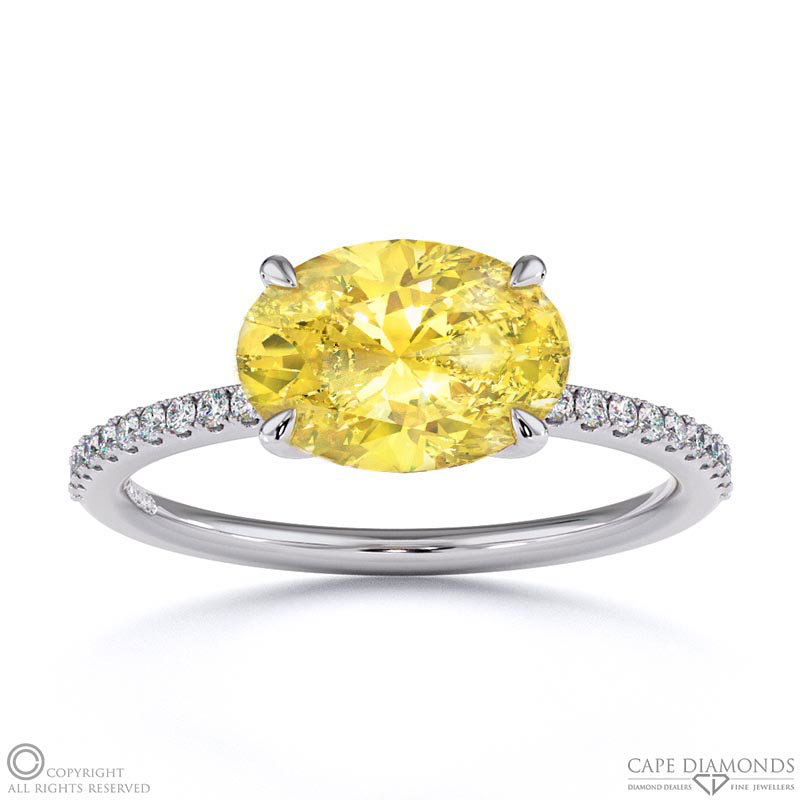 Yellow Natural Diamond East West Oval Cut Sidestones Engagement Ring White Gold
