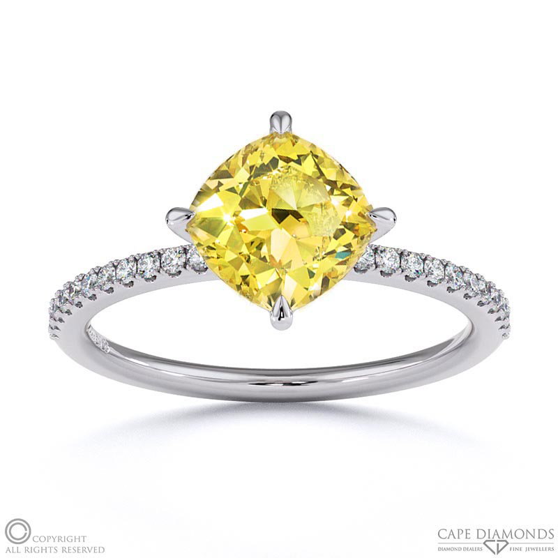 Yellow Natural Diamond Cushion Cut East To West Pave Engagement Ring White Gold