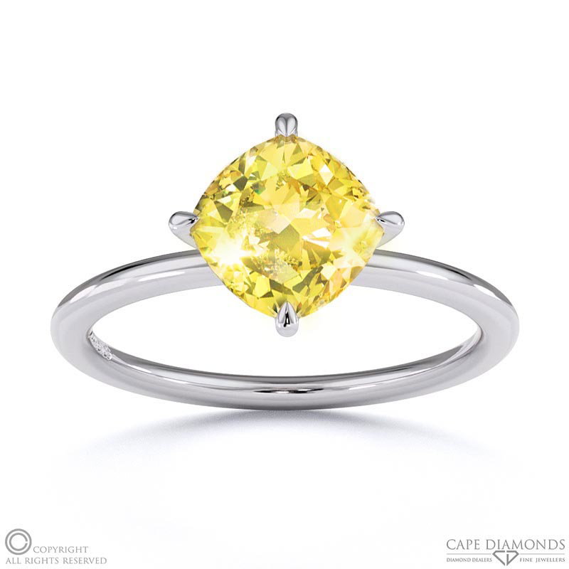 Yellow Natural Diamond East West Cushion Cut Solitaire Engagement Ring White Gold