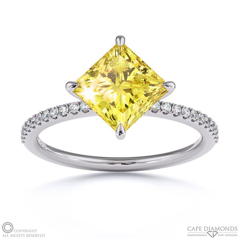 Yellow Natural Diamond East West Princess Cut Sidestones Engagement Ring White Gold