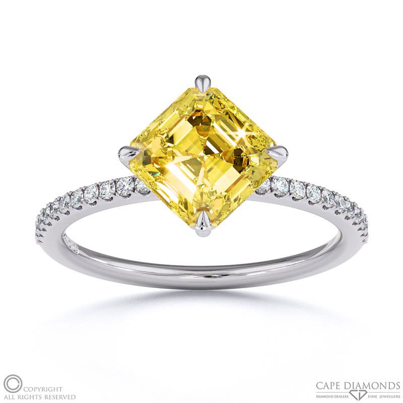 Yellow Natural Diamond Asscher East West Side Stone Engagement Ring White Gold