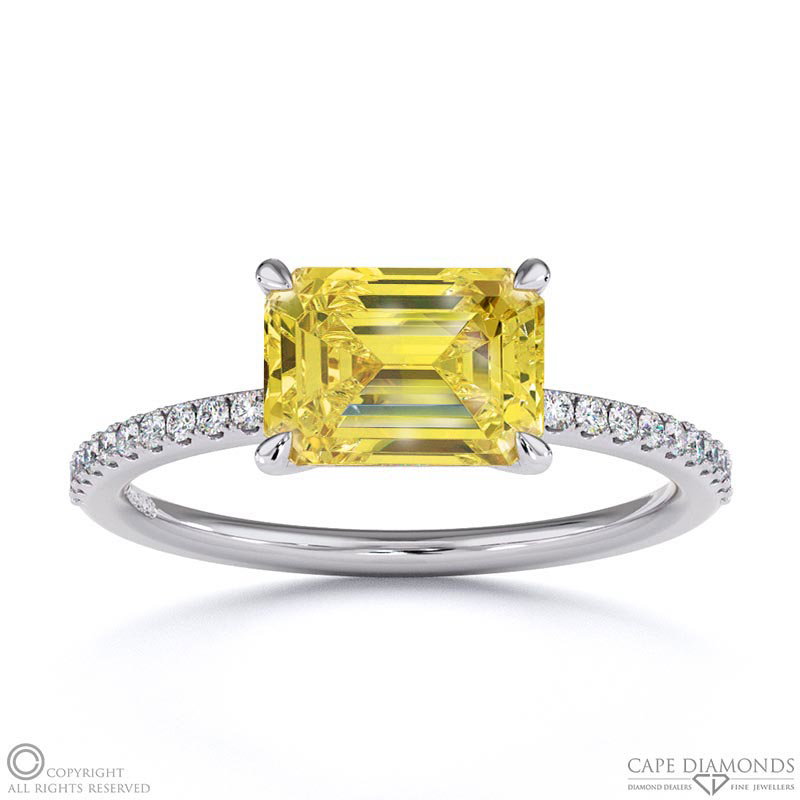 Yellow Natural Diamond Emerald Cut Pave East To West Engagement Ring White Gold