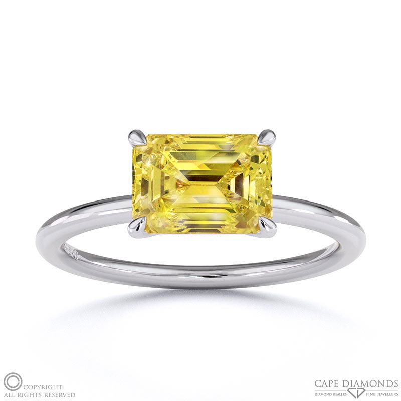 Yellow Natural Diamond East West Emerald Cut Solitaire Engagement Ring White Gold