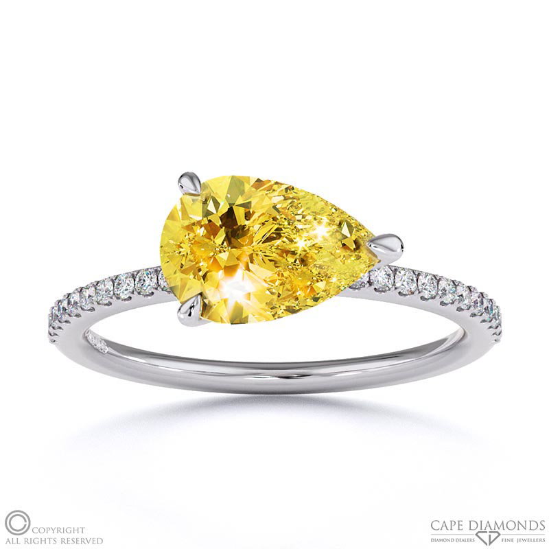 Yellow Natural Diamond East West Pear Side Stones Engagement Ring White Gold