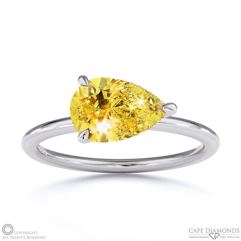 Yellow Natural Diamond East West Pear Cut Solitaire Engagement Ring White Gold