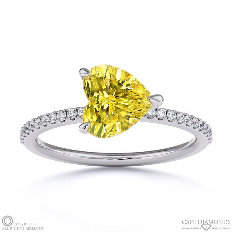 Yellow Natural Diamond East West Heart Cut Sidestones Engagement Ring White Gold