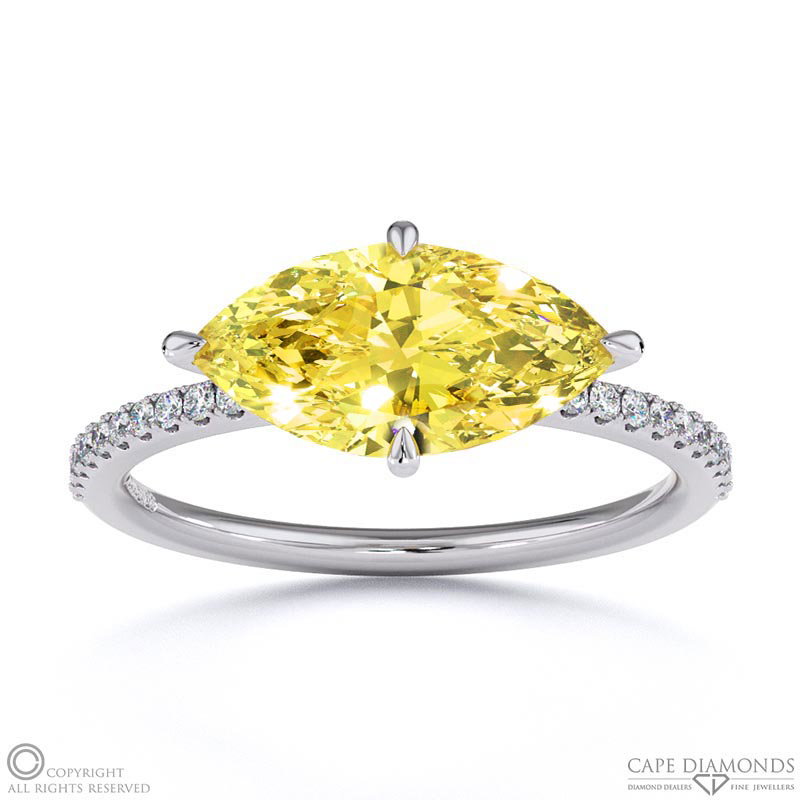 Yellow Natural Diamond East West Marquise Sidestones Engagement Ring White Gold