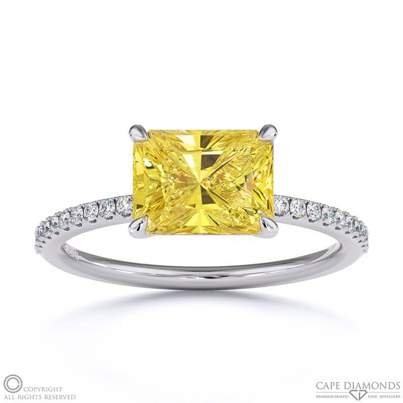 Yellow Natural Diamond East West Radiant Cut Side Stones Engagement Ring White Gold