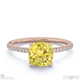 yellow lab grown diamond hidden halo side stone engagement ring rose gold with 18k rose gold metal and cushion shape diamond