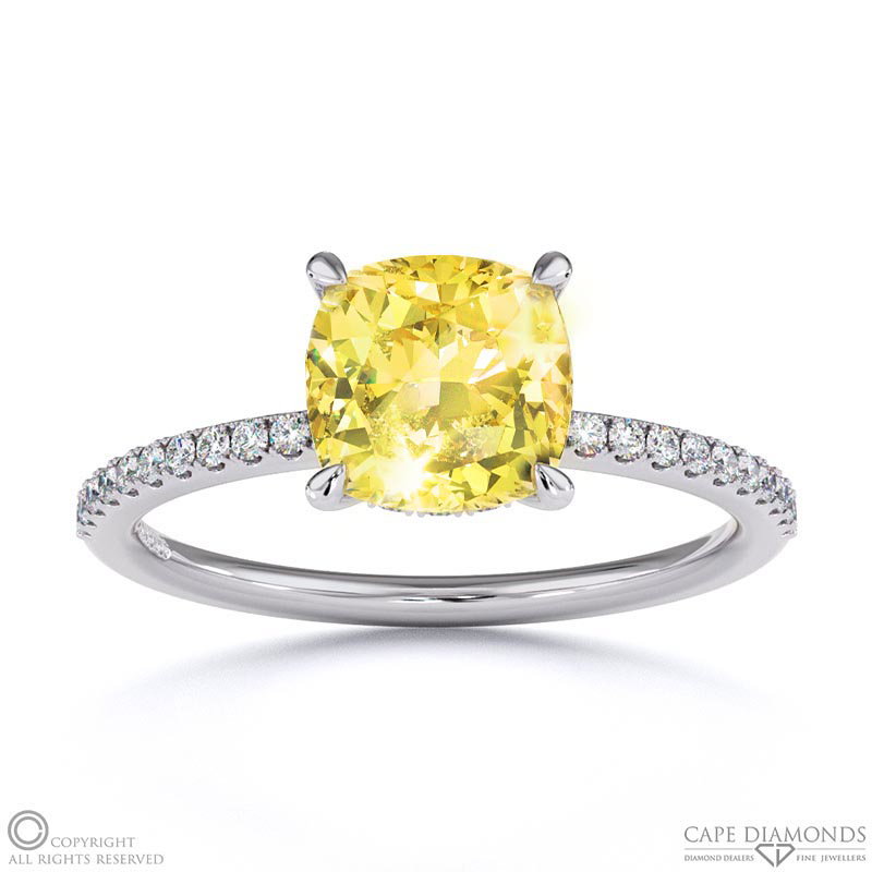 Yellow Natural Diamond Cushion Cut Hidden Halo Side Stones Engagement Ring White Gold