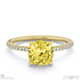yellow lab grown diamond hidden halo side stone engagement ring yellow gold with 18k yellow gold metal and cushion shape diamond