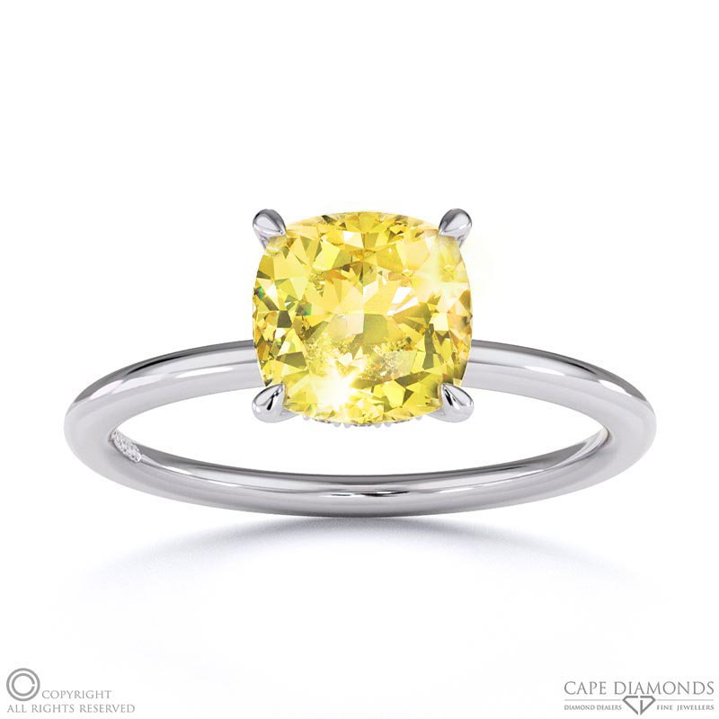 Yellow Natural Diamond Cushion Cut Hidden Halo Engagement Ring White Gold