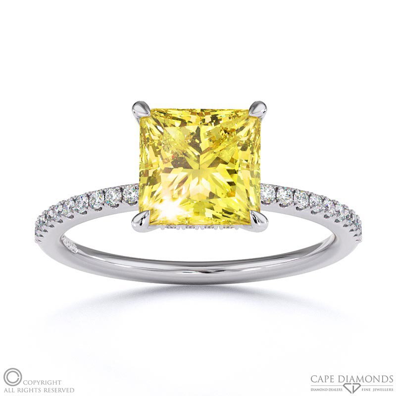 Yellow Natural Diamond Princess Cut Hidden Halo Side Stones Engagement Ring White Gold