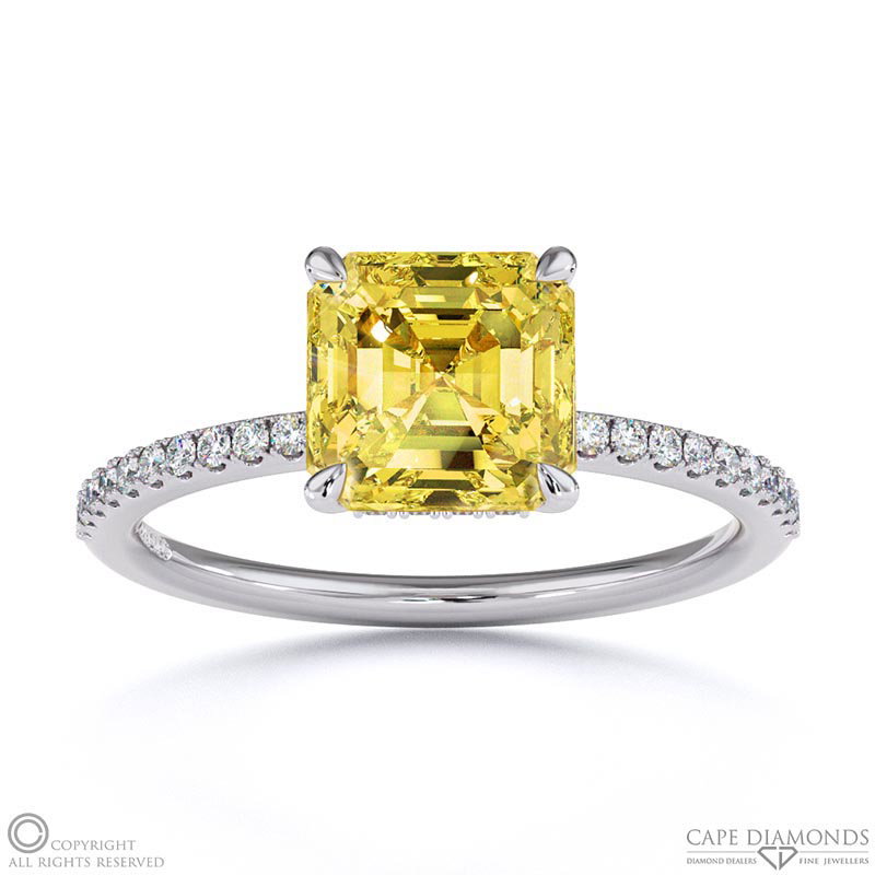 Yellow Natural Diamond Asscher Cut Hidden Halo Sidestones Engagement Ring White Gold