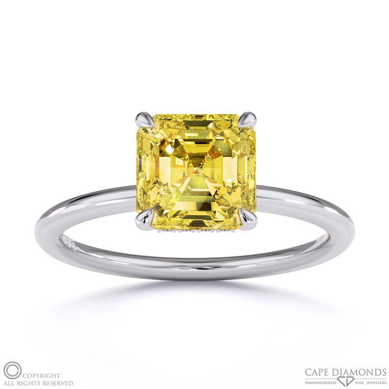 Yellow Natural Diamond Asscher Cut Hidden Halo Engagement Ring White Gold