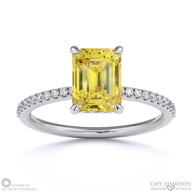 Yellow Natural Diamond Emerald Cut Hidden Halo Side Stones Engagement Ring White Gold
