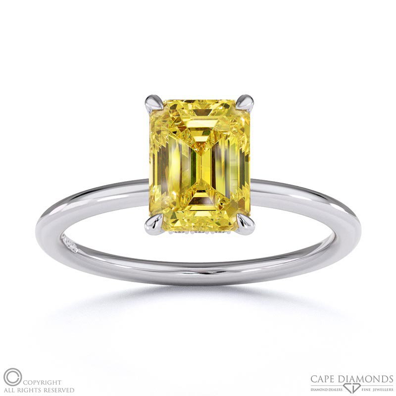 Yellow Natural Diamond Emerald Hidden Halo Solitare Engagement Ring White Gold