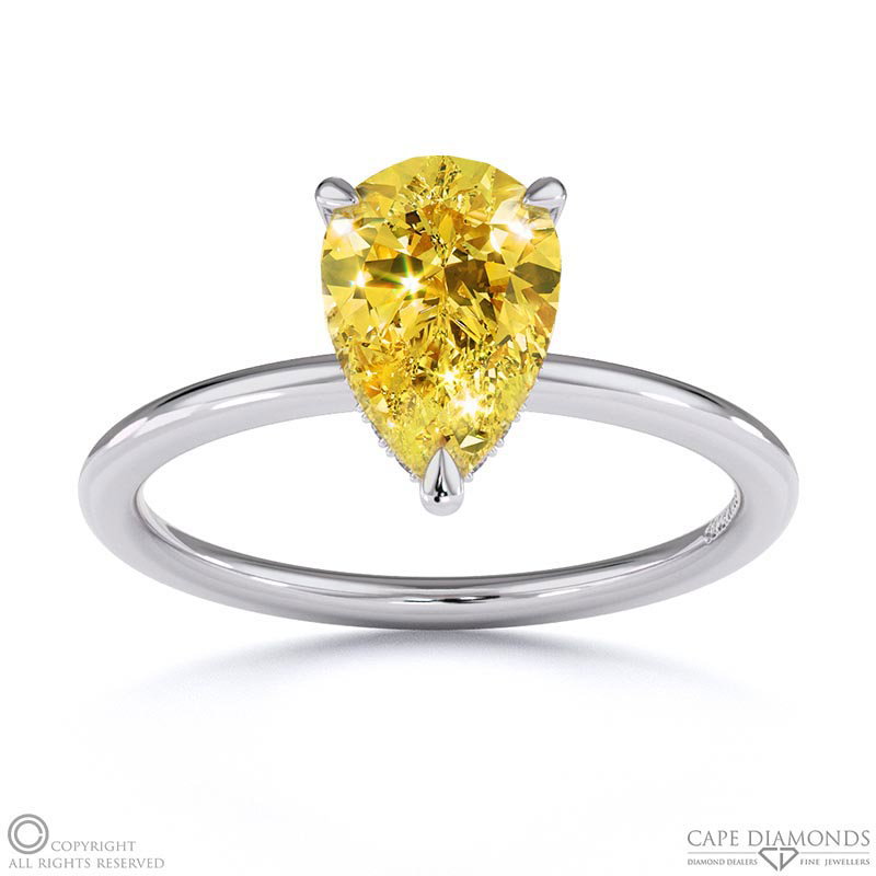 Yellow Natural Diamond Pear Cut Hidden Halo Engagement Ring White Gold