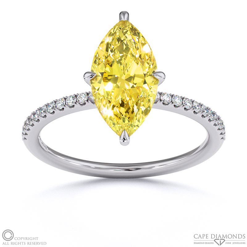 Yellow Natural Diamond Marquise Cut Hidden Halo Side Stones Engagement Ring White Gold