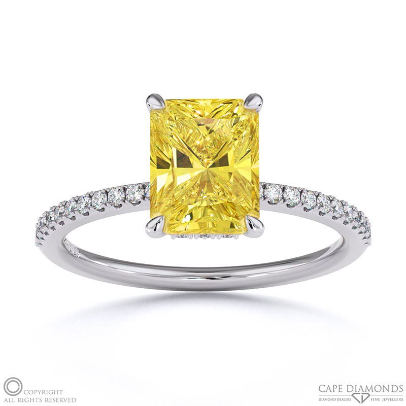 Yellow Natural Diamond Radiant Cut Hidden Halo Side Stones Engagement Ring White Gold