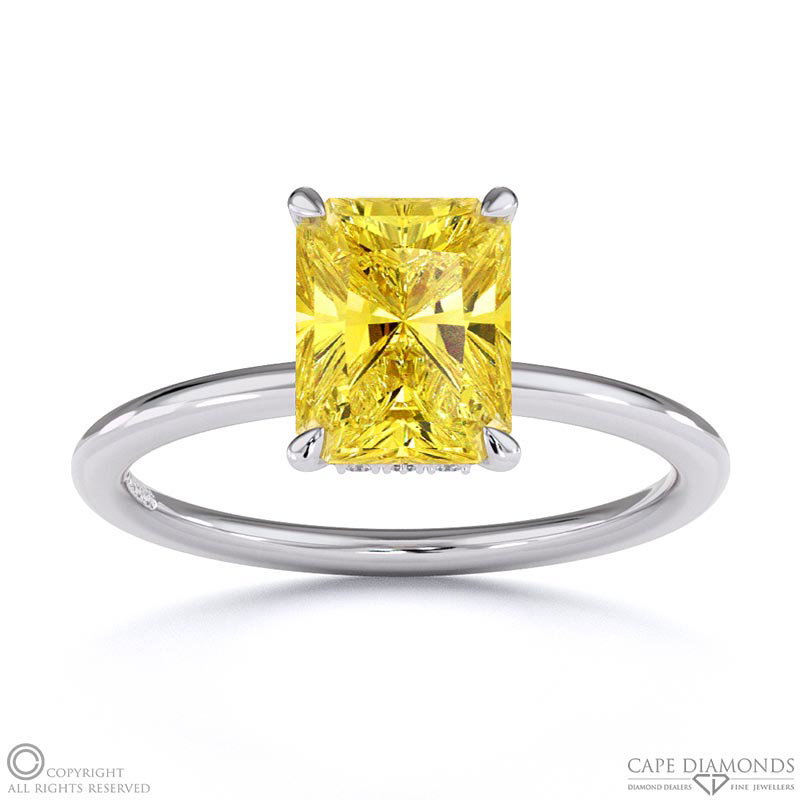 Yellow Natural Diamond Radiant Cut Hidden Halo Engagement Ring White Gold