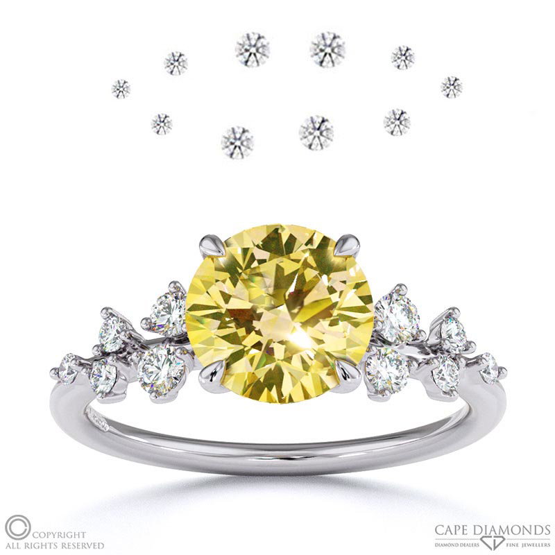 Stardust Yellow Natural Diamond Celestial Round Engagement Ring White Gold