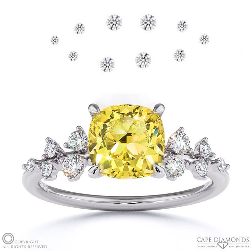 Stardust Yellow Natural Diamond Celestial Cushion Cut Engagement Ring White Gold