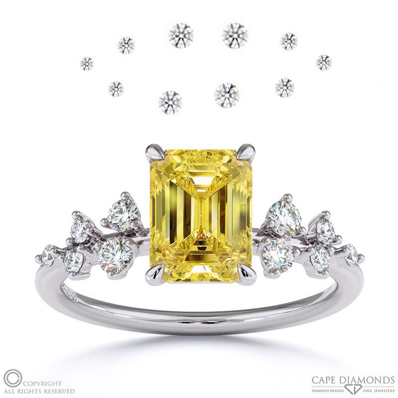 Stardust Yellow Natural Diamond Celestial Emerald Cut Engagement Ring White Gold