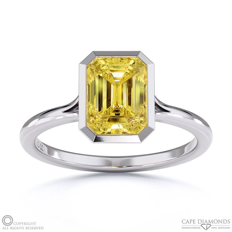Yellow Natural Diamond Emerald-cut Bezel Setting Split Band White Gold Engagement Ring