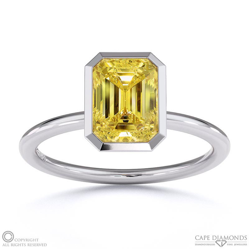 Yellow Natural Diamond Emerald Cut Basket Bezel Solitaire White Gold Engagement Ring