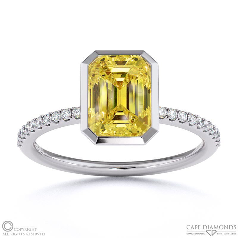 Yellow Natural Diamond Emerald Cut Basket Bezel Side Stones White Gold Engagement Ring