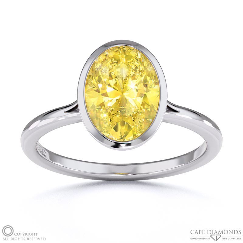 Yellow Natural Diamond Oval-cut Bezel Setting Split Band White Gold Engagement Ring