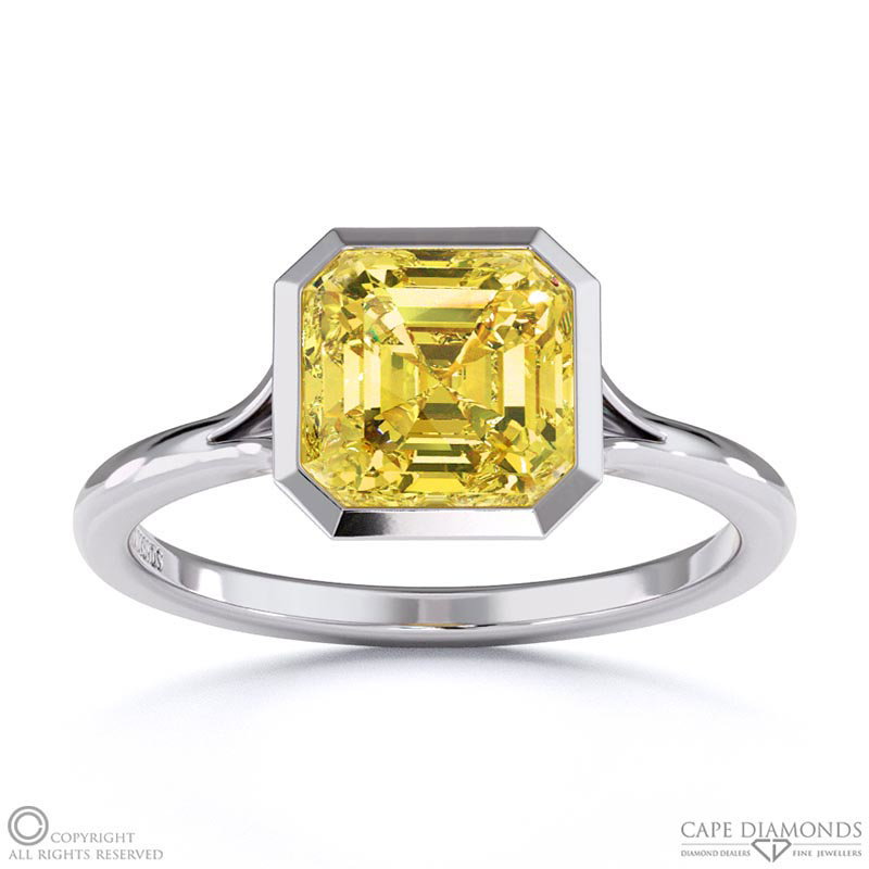 Yellow Natural Diamond Asscher-cut Bezel Setting Split Band White Gold Engagement Ring